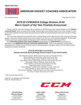 2019-20 CCM/AHCA College Division (II-III) Men's Coach of the Year
