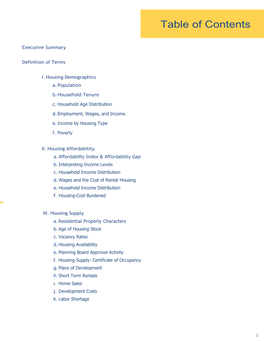 Executive Summary Definition of Terms I. Housing Demographics A. Population B. Household Tenure C. Household Age Distribution D