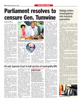 Parliament Resolves to Censure Gen. Tumwine