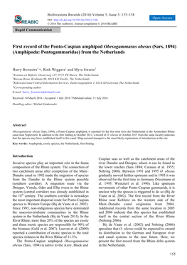 First Record of the Ponto-Caspian Amphipod Obesogammarus Obesus (Sars, 1894) (Amphipoda: Pontogammaridae) from the Netherlands