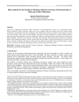 Risk Analysis for the Faculty of Theology Libraries in Terms of Protection Due to Risk and Archive Dimension