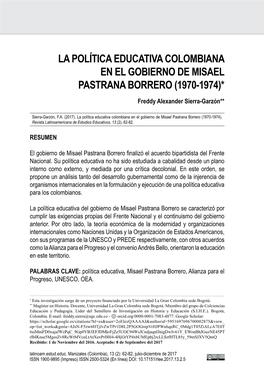 La Política Educativa Colombiana En El Gobierno De Misael Pastrana Borrero (1970-1974)*