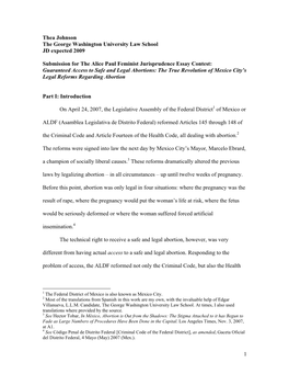 1 Thea Johnson the George Washington University Law School JD Expected 2009 Submission for the Alice Paul Feminist Jurisprudence