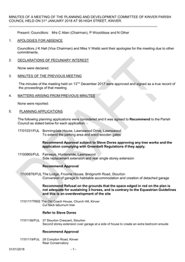 MINUTES of a MEETING of the PLANNING and DEVELOPMENT COMMITTEE of KINVER PARISH COUNCIL HELD on 31St JANUARY 2018 at 95 HIGH STREET, KINVER