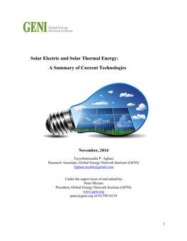 Solar Electric and Solar Thermal Energy: a Summary of Current Technologies
