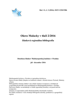 Okres Malacky V Tlači 2/2016 Článková Regionálna Bibliografia