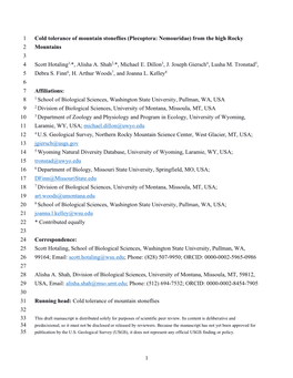 1 Cold Tolerance of Mountain Stoneflies (Plecoptera: Nemouridae) from the High Rocky 1 Mountains 2 3 Scott Hotaling1,*, Alisha A