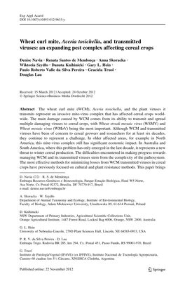 Wheat Curl Mite, Aceria Tosichella, and Transmitted Viruses: an Expanding Pest Complex Affecting Cereal Crops