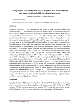 Three Potential Sources of Cell Injuries of Lymphoid Cells Associated with Developments of Lymphoid Leukemia and Lymphoma