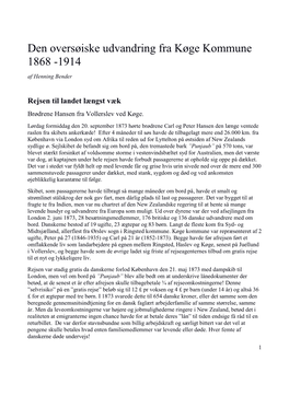 Den Oversøiske Udvandring Fra Køge Kommune 1868 -1914 Af Henning Bender