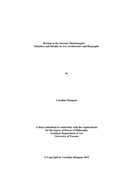 Bernini As the Seicento Michelangelo: Imitation and Identity in Art, Architecture and Biography