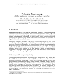 Technology Roadmapping: Linking Technology Resources to Business Objectives, University of Cambridge, 14/11/01