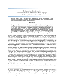 The Semantics of Verbs and the Development of Verb Inflections in Child Language 1 Lois Bloom, Karin Lifter, and Jeremie Hafitz