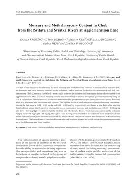 Mercury and Methylmercury Content in Chub from the Svitava and Svratka Rivers at Agglomeration Brno