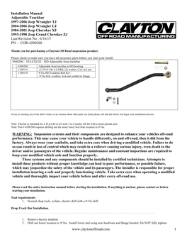 Installation Manual Adjustable Trackbar 1997-2006 Jeep Wrangler