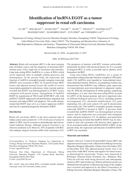 Identification of Lncrna EGOT As a Tumor Suppressor in Renal Cell Carcinoma