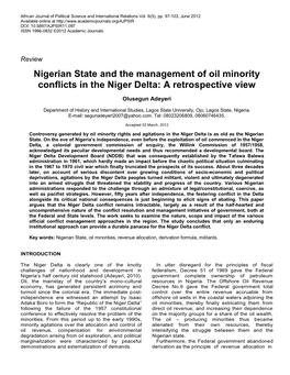 Nigerian State and the Management of Oil Minority Conflicts in the Niger Delta: a Retrospective View