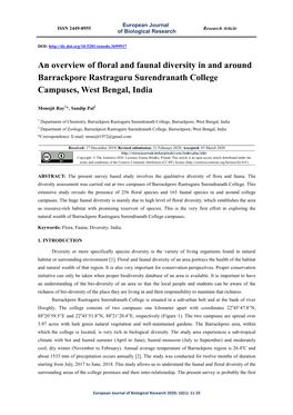 An Overview of Floral and Faunal Diversity in and Around Barrackpore Rastraguru Surendranath College Campuses, West Bengal, India