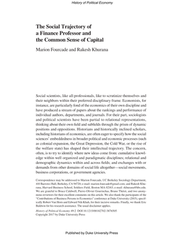 The Social Trajectory of a Finance Professor and the Common Sense of Capital Marion Fourcade and Rakesh Khurana