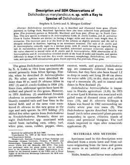 Description and SEM Observations of Dolichodorus Marylandicus N. Sp. with a Key to Species of Dolichodorus ~ Stephen A