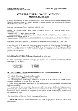 COMPTE-RENDU DU CONSEIL MUNICIPAL Mercredi 26 Juin 2019