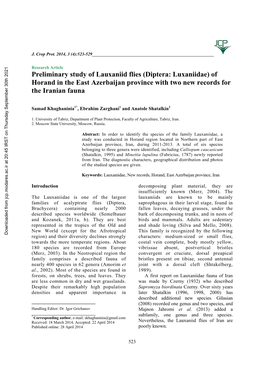 Preliminary Study of Lauxaniid Flies (Diptera: Luxaniidae) of Horand in the East Azerbaijan Province with Two New Records for the Iranian Fauna