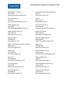 Associate Member Companies As of October 15, 2012 A&D Medical
