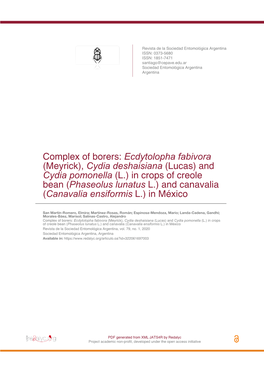 And Cydia Pomonella (L.) in Crops of Creole Bean (Phaseolus Lunatus L.) and Canavalia (Canavalia Ensiformis L.) in México