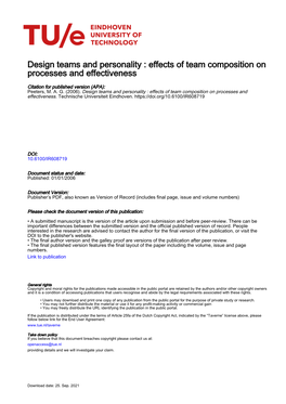 Design Teams and Personality : Effects of Team Composition on Processes and Effectiveness