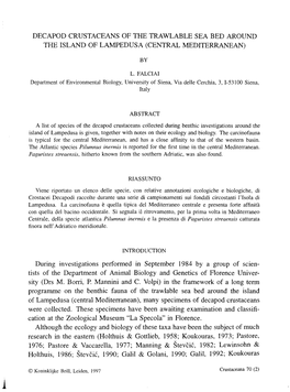 Decapod Crustaceans of the Trawlable Sea Bed Around the Island of Lampedusa (Central Mediterranean)