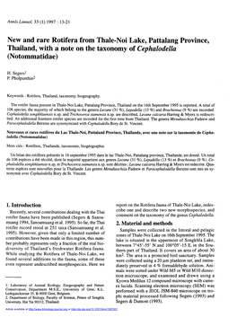 New and Rare Rotifera from Thale-Noi Lake, Pattalang Province, Thailand, with a Note on the Taxonomy of Cephalodella (Notommatidae)