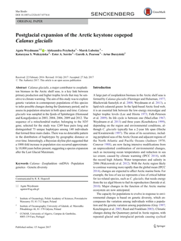 Postglacial Expansion of the Arctic Keystone Copepod Calanus Glacialis