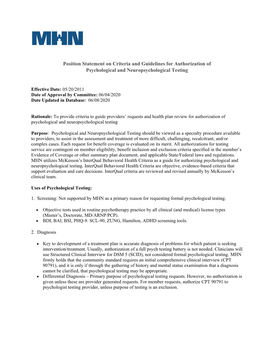 Position Statement on Criteria and Guidelines for Authorization of Psychological and Neuropsychological Testing