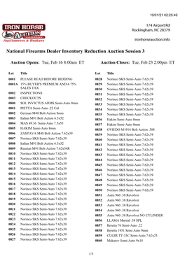 National Firearms Dealer Inventory Reduction Auction Session 3