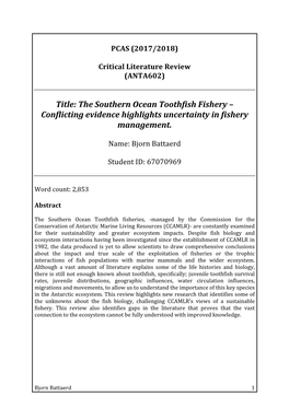 The Southern Ocean Toothfish Fishery – Conflicting Evidence Highlights Uncertainty in Fishery Management