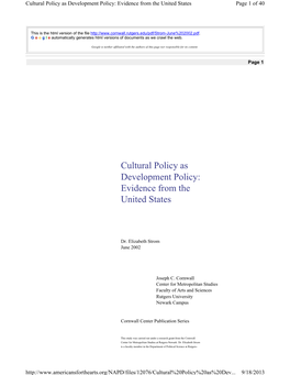 Cultural Policy As Development Policy: Evidence from the United States Page 1 of 40