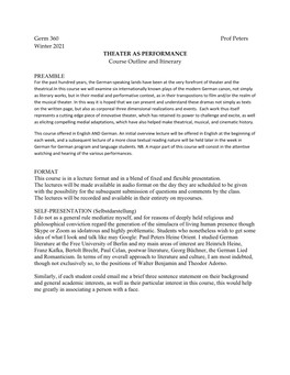 Germ 360 Prof Peters Winter 2021 THEATER AS PERFORMANCE Course Outline and Itinerary