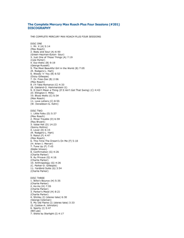 The Complete Mercury Max Roach Plus Four Sessions (#201) DISCOGRAPHY
