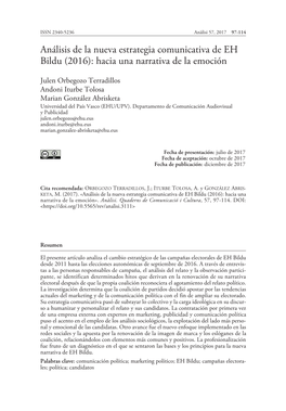 Análisis De La Nueva Estrategia Comunicativa De EH Bildu (2016): Hacia Una Narrativa De La Emoción