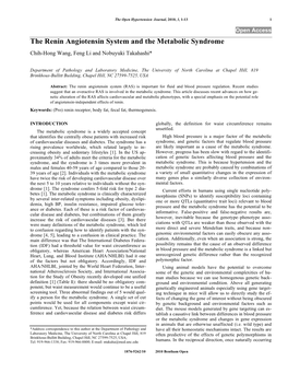 The Renin Angiotensin System and the Metabolic Syndrome Chih-Hong Wang, Feng Li and Nobuyuki Takahashi*