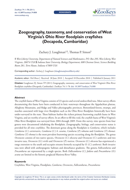 Zoogeography, Taxonomy, and Conservation of West Virginia’S Ohio River Floodplain Crayfishes (Decapoda, Cambaridae)