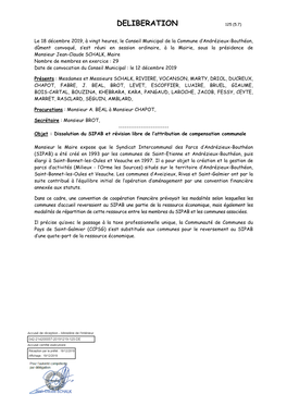 L'an DEUX MILLE NEUF, Le Vingt Trois Décembre, À Vingt Heures, Le Conseil Municipal De La Commune D'andrezieux-BOUTHEON