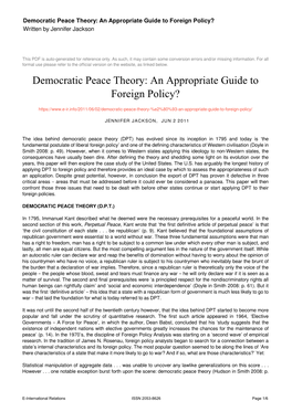 Democratic Peace Theory: an Appropriate Guide to Foreign Policy? Written by Jennifer Jackson