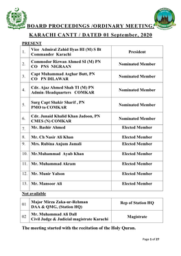 BOARD PROCEEDINGS /ORDINARY MEETING, KARACHI CANTT / DATED 01 September, 2020 PRESENT Vice Admiral Zahid Ilyas HI (M) S Bt 1