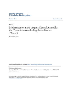 Modernization in the Virginia General Assembly : the Commission on the Legislative Process 1972-73 Richard Kirk Jonas