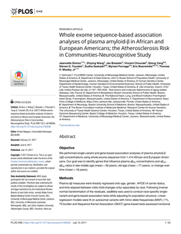 Whole Exome Sequence-Based Association Analyses of Plasma Amyloid-Β in African and European Americans; the Atherosclerosis Risk in Communities-Neurocognitive Study