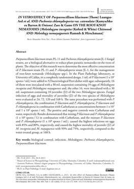 IN VITRO Effect of Purpureocillium Lilacinum (Thom) Luangsa- Ard Et Al. and Pochonia Chlamydosporia Var. Catenulata