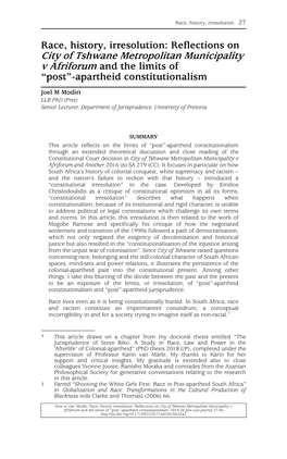 Race, History, Irresolution: Reflections on City of Tshwane Metropolitan Municipality V Afriforum and the Limits of “Post”-Apartheid Constitutionalism