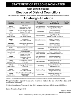 Election of District Councillors Aldeburgh & Leiston