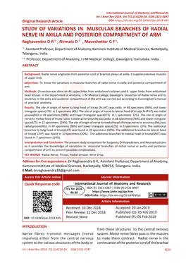 STUDY of VARIATIONS in MUSCULAR BRANCHES of RADIAL NERVE in AXILLA and POSTERIOR COMPARTMENT of ARM Raghavendra D R*1 , Nirmala D 2 , Maveshettar G F 3